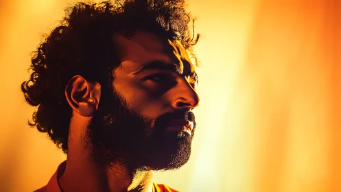 Side-profile male portrait under strong warm lighting.