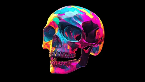 Neon chromatic skull glows against deep black void.