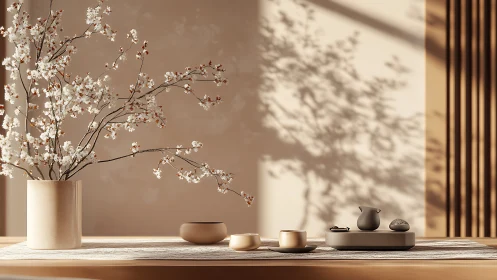Minimalist tea ceremony still life with blooming branch shadows