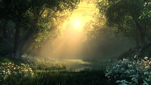 Golden morning light over a quiet flower-lined forest stream.