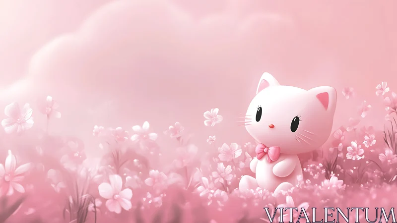 Monochrome pink cat figurine in diffuse floral fogscape.