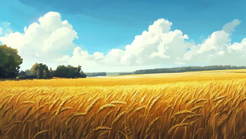 Golden wheat field extends toward distant tree line under clouds