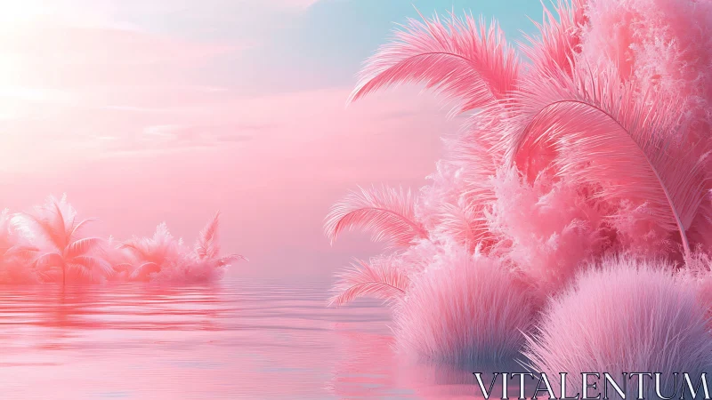 Iridescent pink palm shoreline under pastel twilight sky.