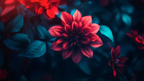 Neon Dahlia Blooms Against Dark Teal Night