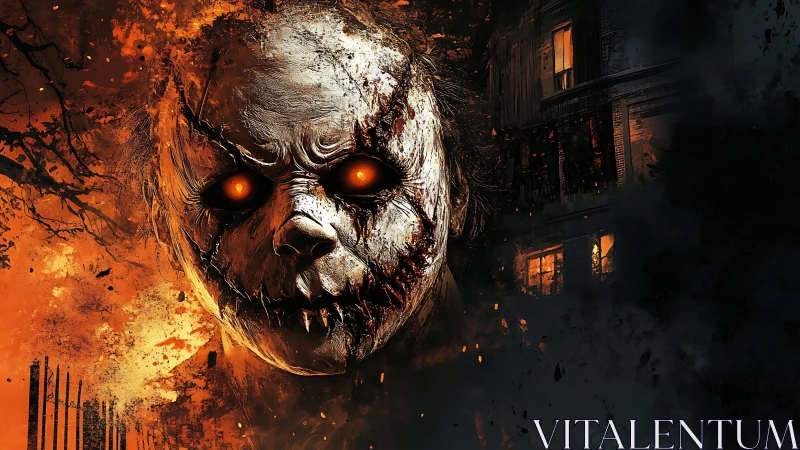 Flaming nightmare mask drifts from a burning haunted house