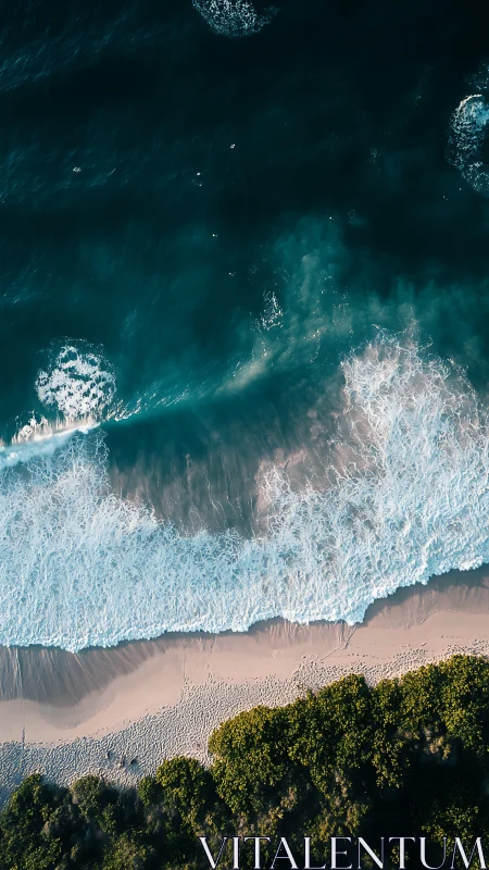 Shoreline symmetry from above, teal surf meets gold sand.