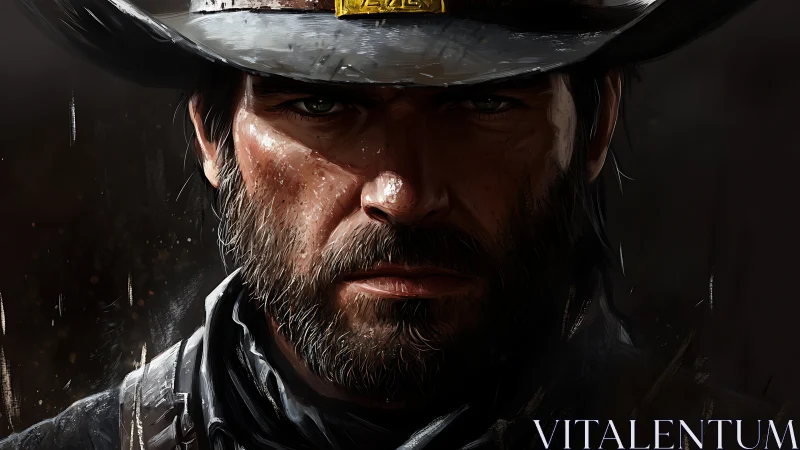 Grit-textured cowboy portrait rendered in dramatic chiaroscuro lighting