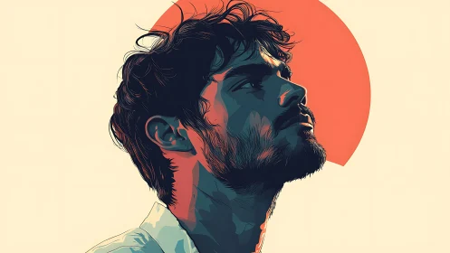 Stylized side portrait of man against bold red sun circle.