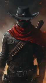 Demonic gunslinger in ember storm with red scarf and eyes.
