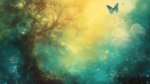 Luminous arboreal canopy with butterfly swarm diffusion field.