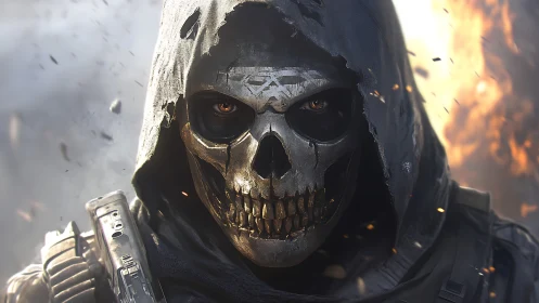 Hooded skull-masked soldier in a fiery combat backdrop.