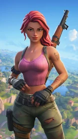 Pink haired game soldier stands over vibrant valley.