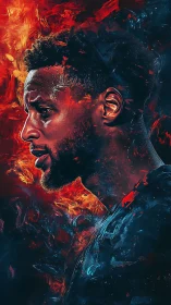 Fiery portrait captures focused man framed by vivid energy