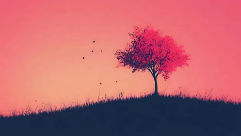 Solitary pink tree stands on dark hillside at sunset