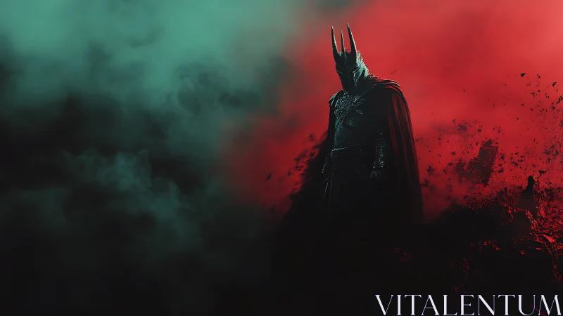 Armored dark knight amid red and teal battlefield haze.