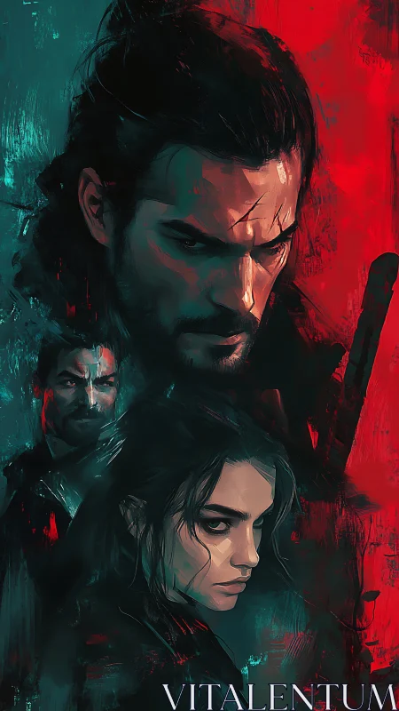 Moody digital portrait triptych with teal red contrast.