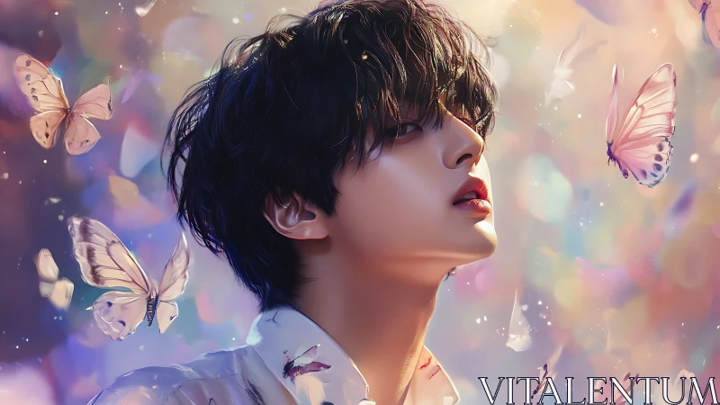 Dreamy youth gazes upward amid luminous pastel butterflies