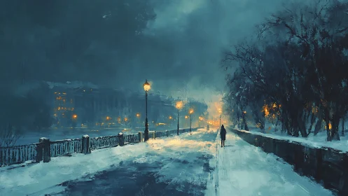 Snowy riverside promenade under moody winter lamplight.