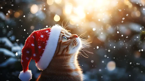 Cat Wearing Santa Hat in Snowy Scene