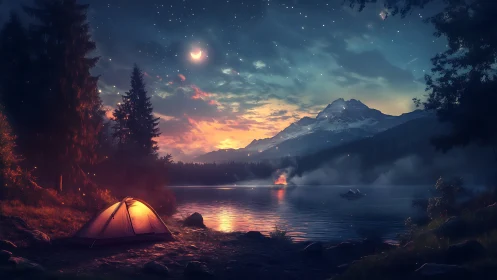 Starlit lake camp glows beneath a whispering mountain sky.