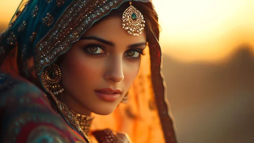 Golden sunset embraces a woman in ornate traditional veil