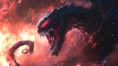 Cosmic void serpent unleashes terror in burning nebula.