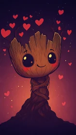 Anthropomorphic Tree Guardian with Luminous Eyes Radiating Affection.