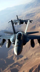 Twin modern fighter jets in tight formation over desert range.