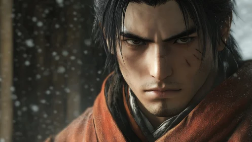 Battle-scarred warrior portrait in cinematic snowfall lighting.
