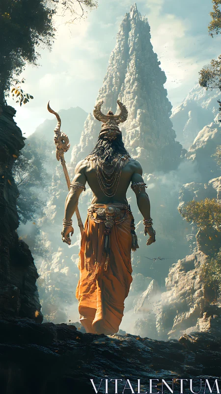 Horned warrior ascends rocky path toward towering peak.