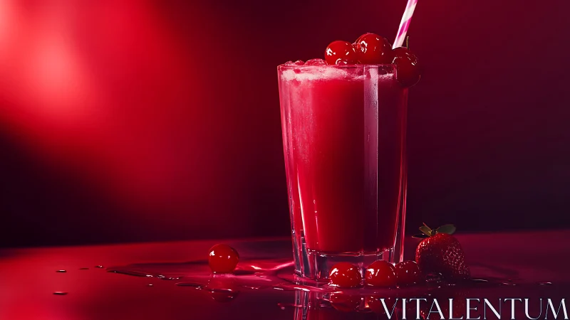 Red beverage in glass with ice and cherries against monochromatic background.