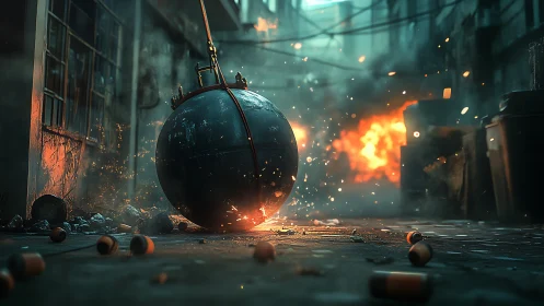 Industrial wrecking ball in burning alleyway, sparks flying