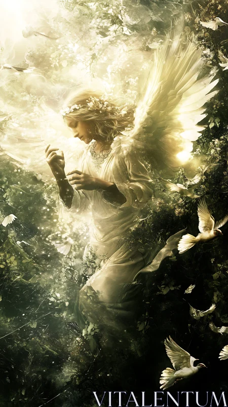Radiant winged angel descends through luminous forest atmosphere