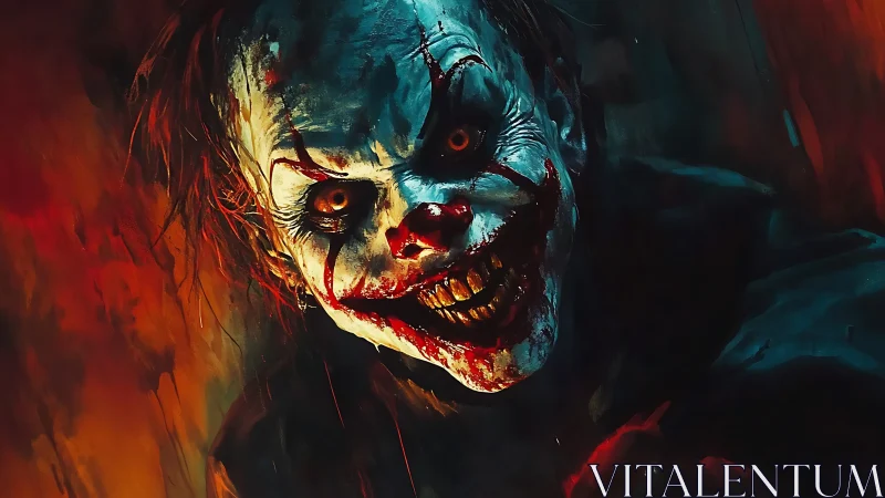 Grotesque clown portrait with bloodstained face and teeth.
