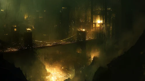 Infernal suspension bridge across industrial abyss in flames.