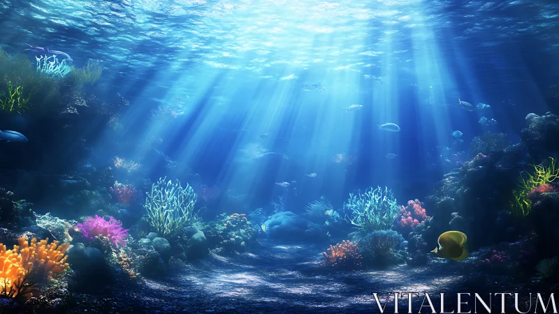 Sunlit coral garden where gentle fish wander and glow.