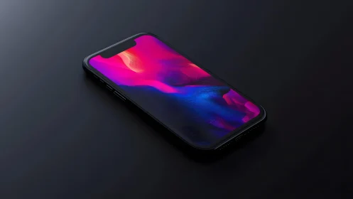 Modern smartphone with vibrant abstract screen on dark surface.
