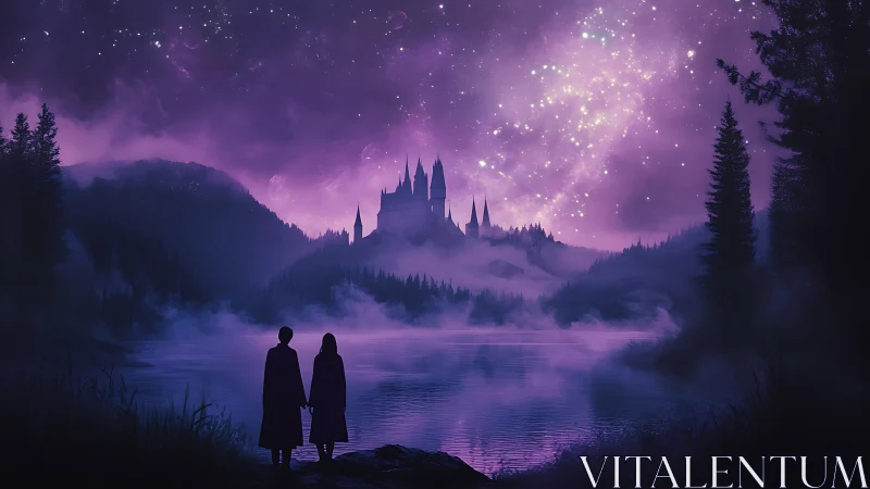 Starglow lovers gaze toward a mist-bound violet castle dream.