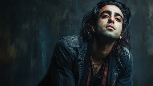 Male subject in dark jacket against textured studio backdrop.