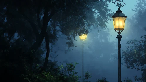 Two lit street lamps stand in dense, mist-covered woodland