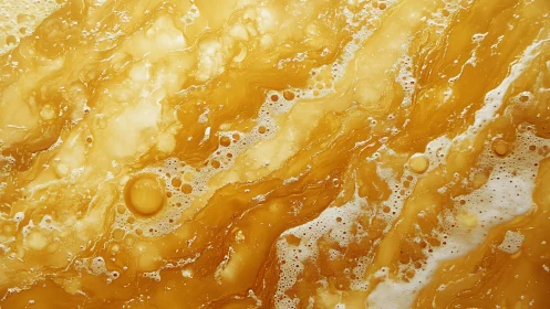 Golden abstract liquid texture with swirling bubbles and foamy details.