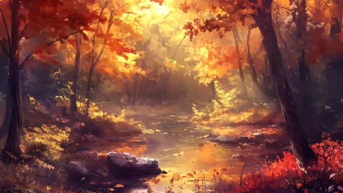 Autumn Forest Stream at Golden Hour.