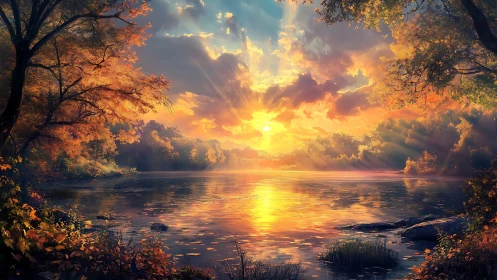 Sunlit autumn lakescape renders dynamic atmospheric perspective