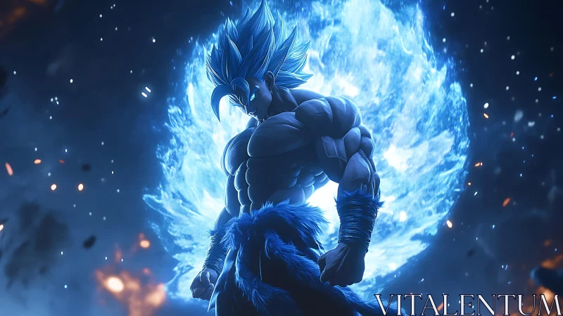 Muscular blue-haired warrior stands before luminous energy sphere