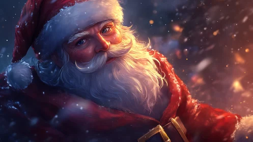 Warmly lit Santa Claus smiles through a swirling winter night