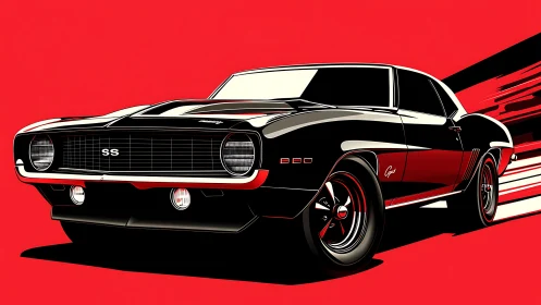 Black muscle car illustration on bold red background.