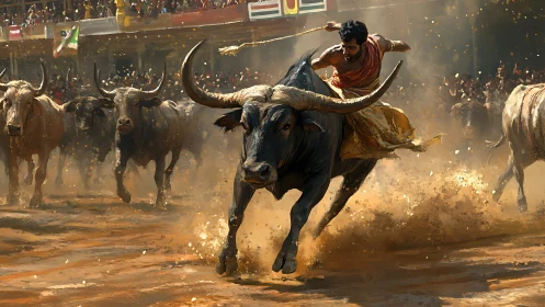 Rider and charging bull sharing a heart-racing festival moment.