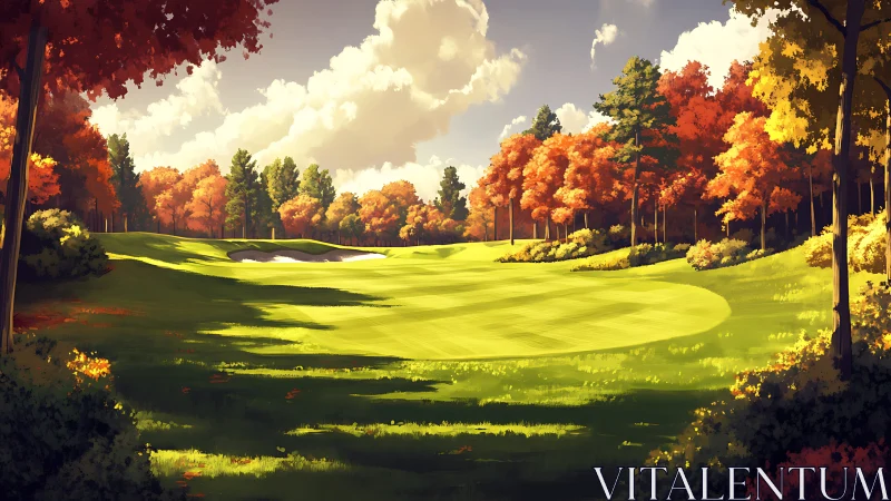 Autumn golf fairway under golden afternoon forest light.