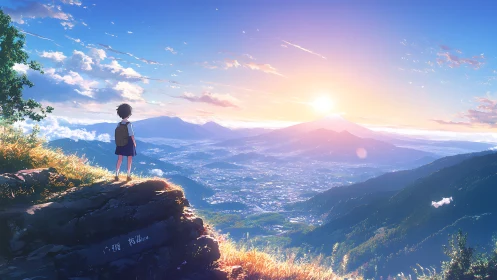 Anime mountain sunrise vista with lone student observer.