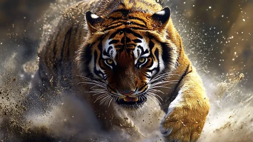 Duststorm tiger charge blazing through wild golden chaos.